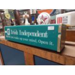 1970's Irish Independent plastic double sided light up sign. {17 cm H x 65 cm W x 14 cm D}.