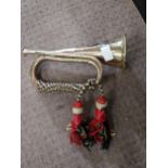 Brass and copper bugle. {16 cm H x 26 cm W x 10 cm D}.