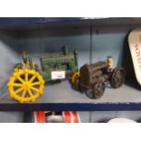 Metal model of John Deere tractor {12 cm H x 20 cm W x 11 cm D} and model of Fordson Tractor. {9