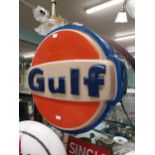 Gulf Petrol metal and Perspex light up advertising sign. {62 cm H x 67 Diam}