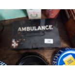 Ambulance tin plate First Aid kit. {8 cm H x 23 cm W x 16 cm D}.