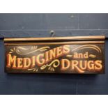 Medicine and drugs wooden advertisement {H 23cm x W 64cm}