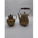 Early 20th C. hand beaten brass jug and later brass kettle {28 cm H x 23 cm W x 16 cm D and 20 cm