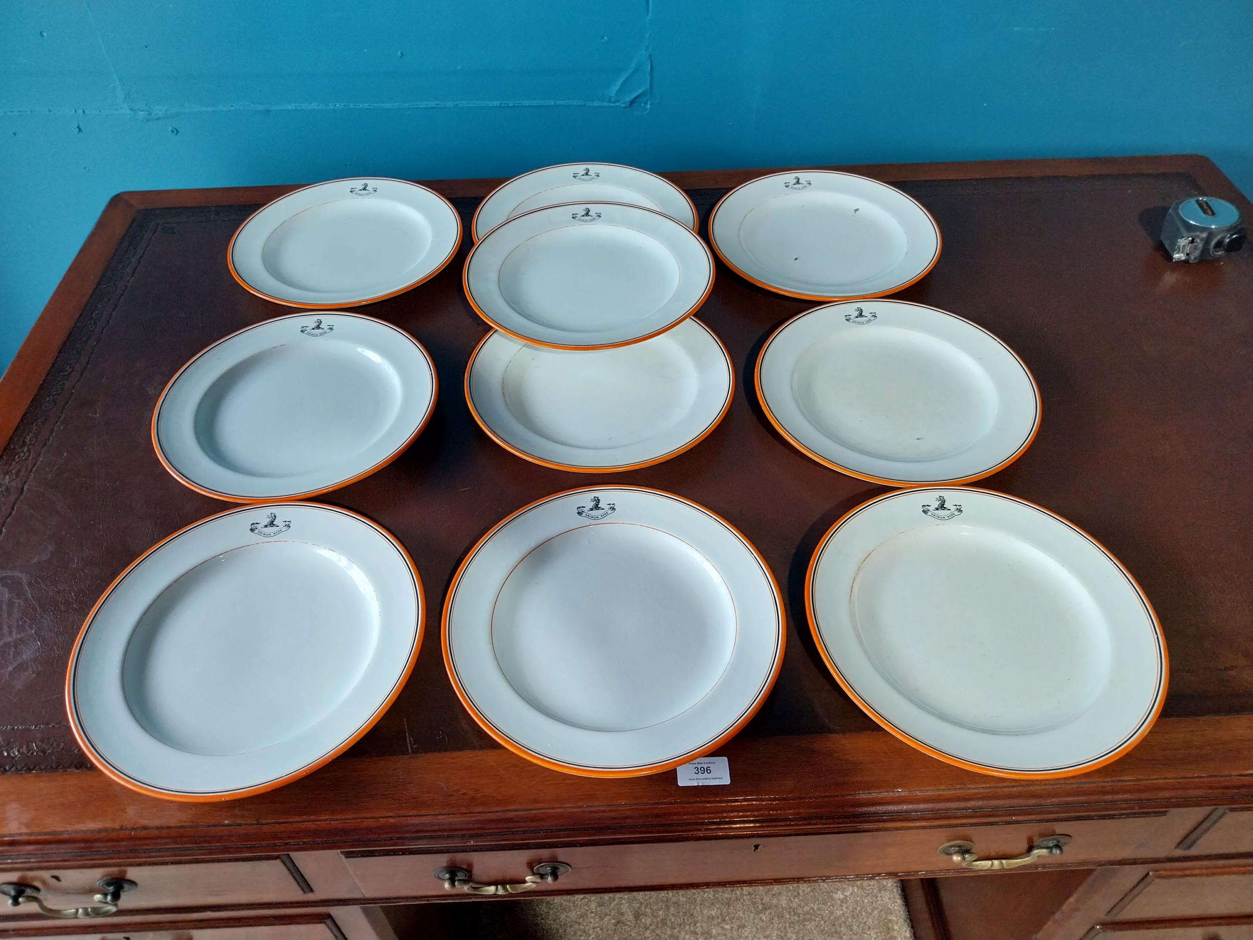 Set of ten first period Belleek dinner plates with the Reeve Family Crest {28 cm Dia.}.