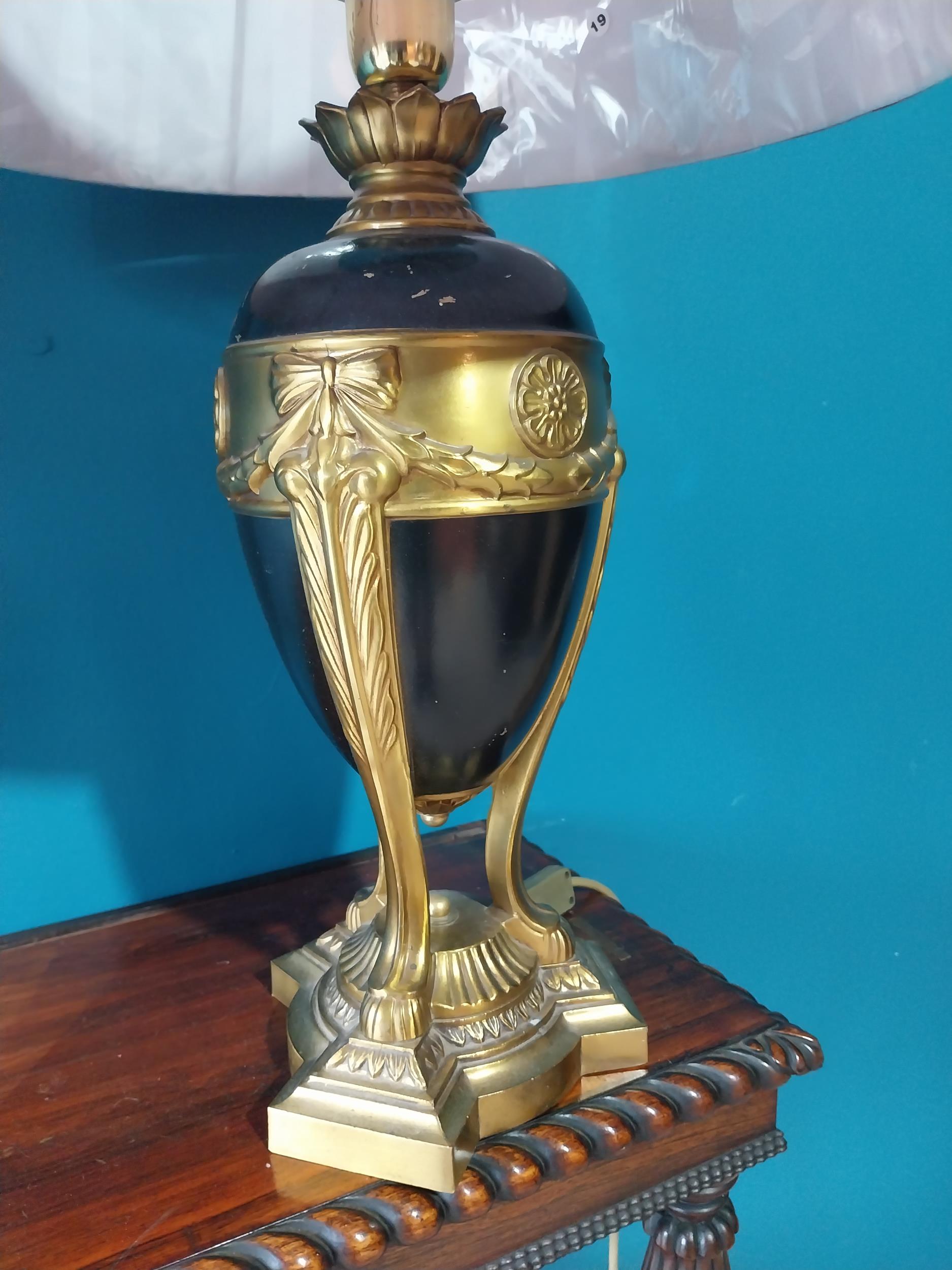 Pair of gilded metal table lamps with cloth shades in the Empire style {67 cm H x 42 cm Dia.}. - Image 3 of 3