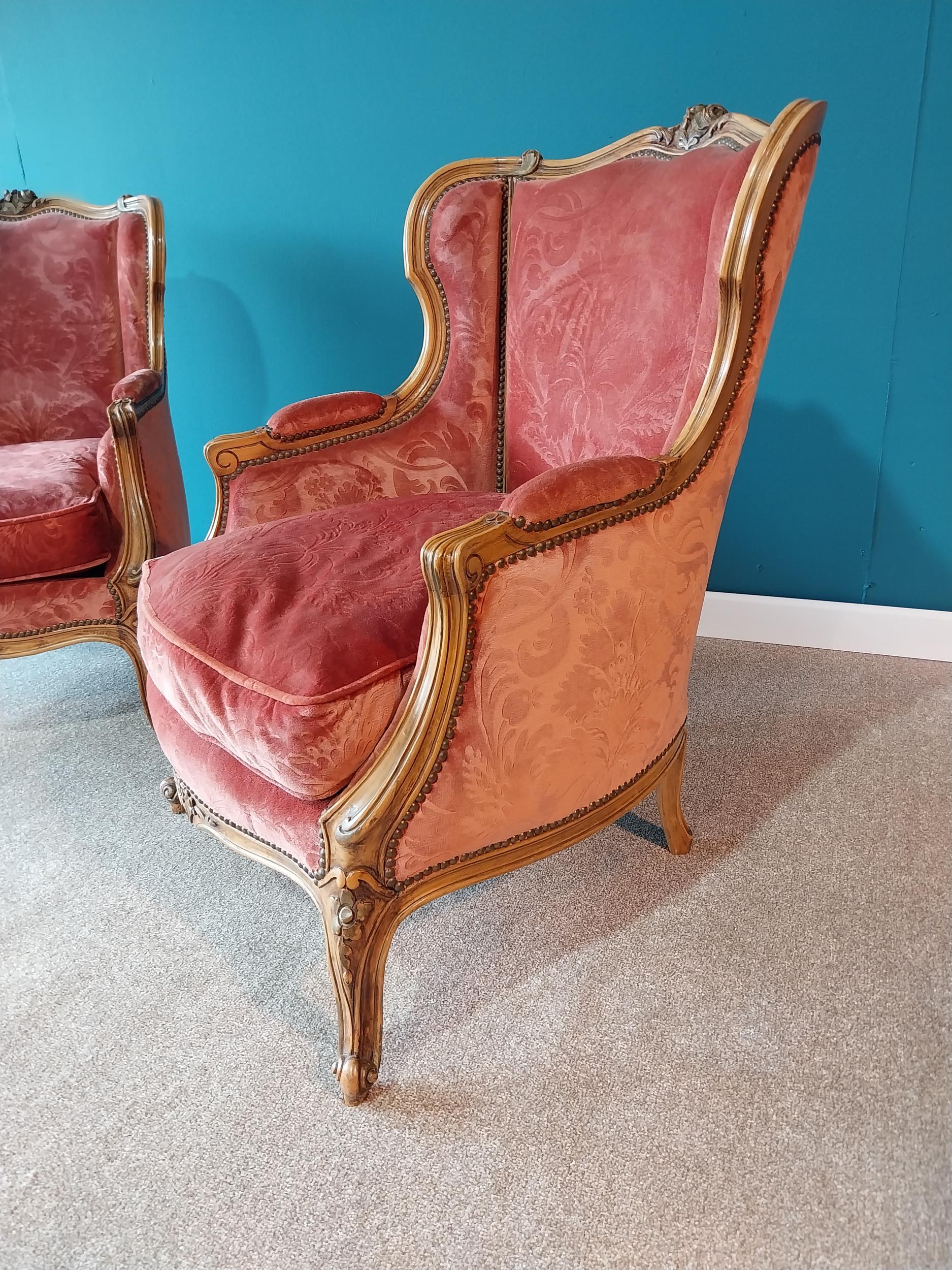 Good quality pair of His and Hers French Edwardian carved walnut and upholstered armchairs raised on - Image 2 of 5