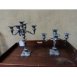 Near pair of early 20th. C. silver plated four branch candelabra. { 37cm H X 28cm W & 17cm H X