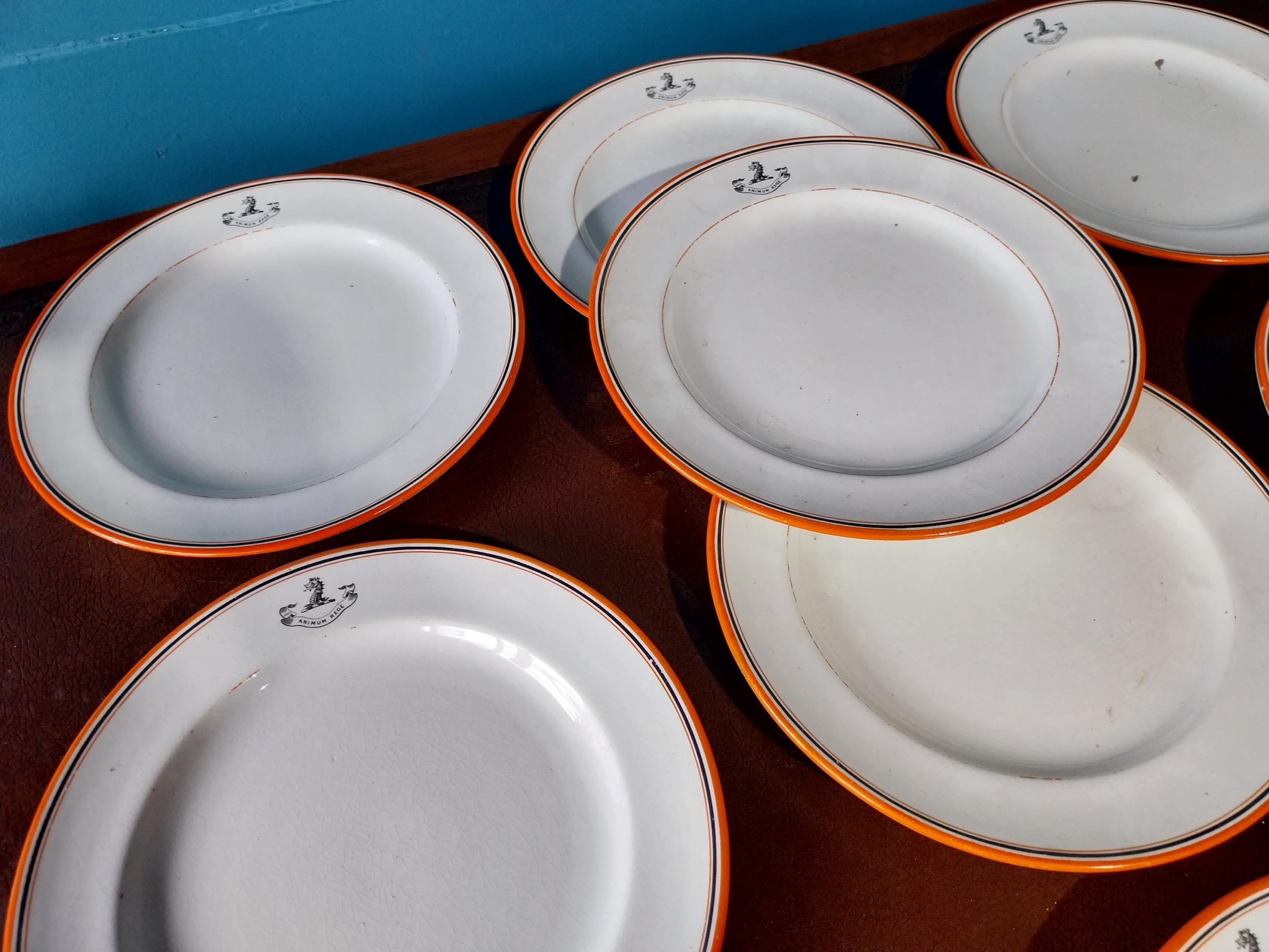 Set of ten first period Belleek dinner plates with the Reeve Family Crest {28 cm Dia.}. - Image 2 of 4