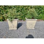 Pair of good quality moulded stone square urns decorated with acanthus leaf {64 cm H x 60 cm W x