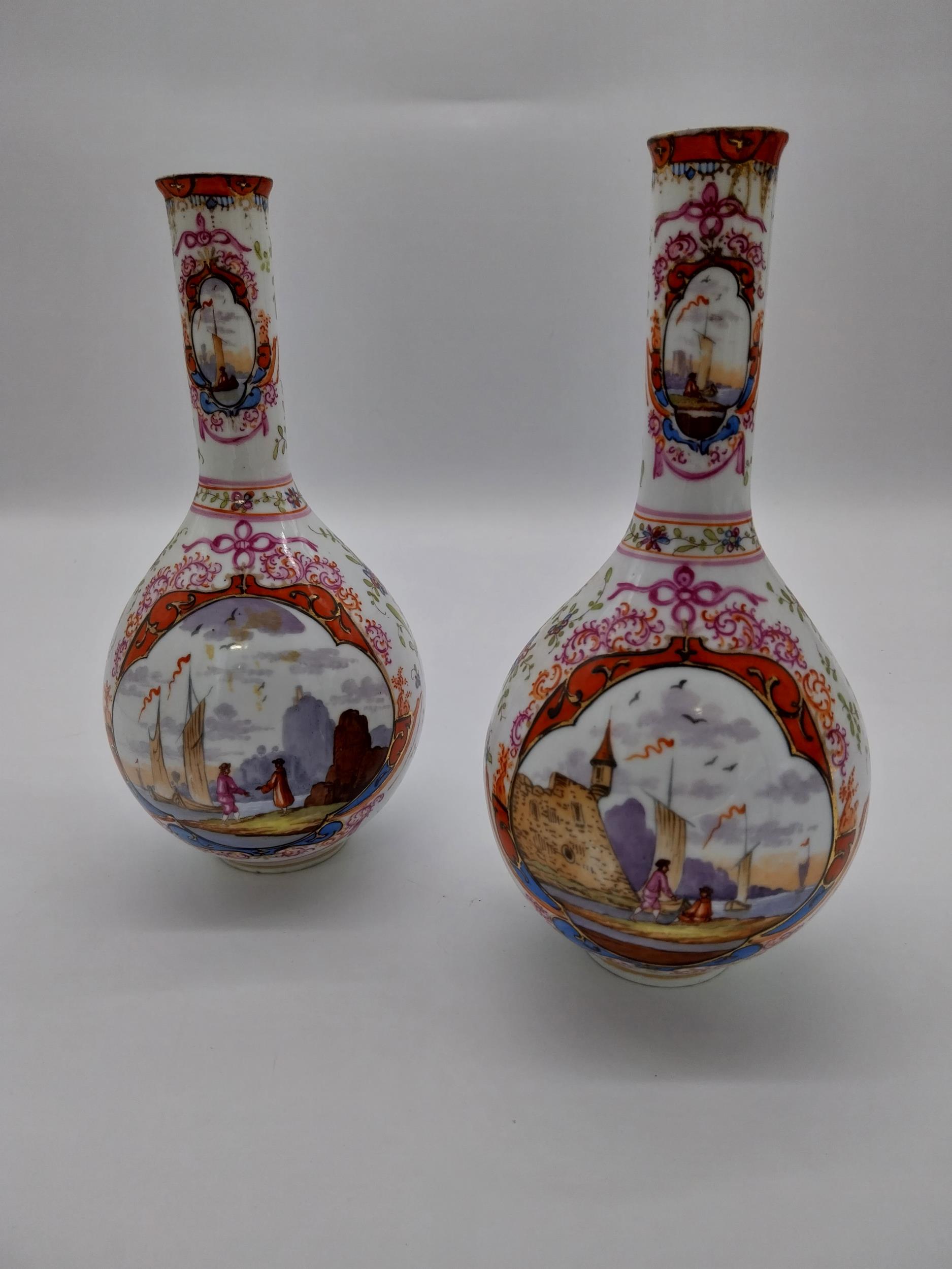 Pair of 19th C. hand painted ceramic Dresden vases depicting Venetian scenes {24 cm H x 11 cm - Image 3 of 4