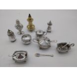 Collection of EPNS mustard pots & spoons, salts and pepper pots.