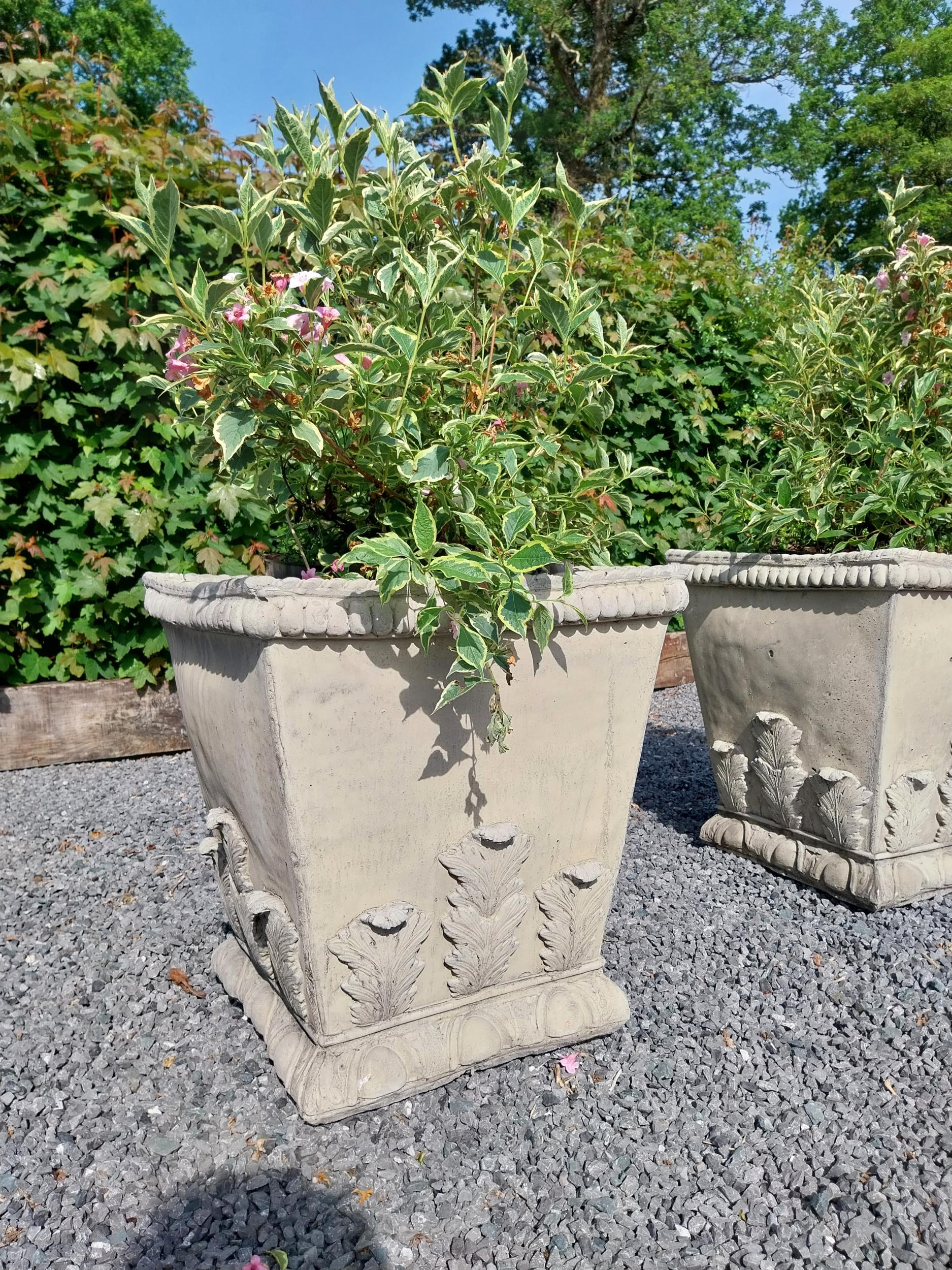 Pair of good quality moulded stone square urns decorated with acanthus leaf {64 cm H x 60 cm W x - Image 2 of 3