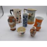 Miscellaneous lot of seven ceramic vases including two Oriental vases and a Beleek vase.