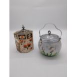 Two early 20th C. ceramic and silverplate biscuit barrels and glass jam jar {20 cm H x 16 cm Dia, 18