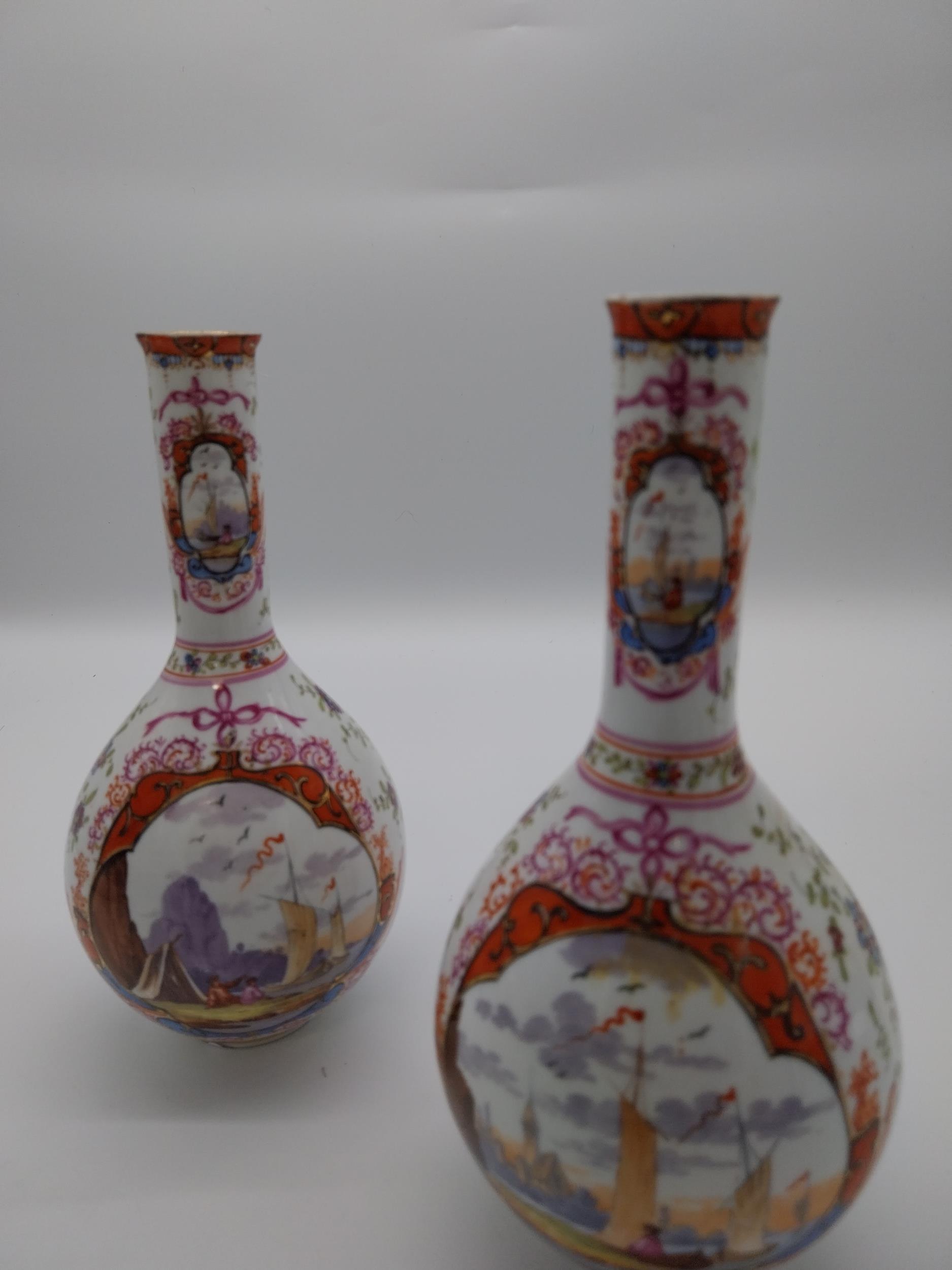Pair of 19th C. hand painted ceramic Dresden vases depicting Venetian scenes {24 cm H x 11 cm - Image 2 of 4