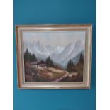 Early 20th C. Mountain scene oil on canvas mounted in giltwood frame {61 cm H x 71 cm W}.