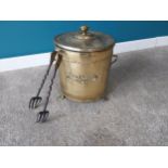 Edwardian brass lidded coal bucket with tongs {35cm H x 34cm Dia}