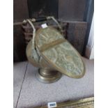 19th C. embossed brass coal skuttle {50 cm H x 31 cm W x 50 cm D}.