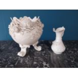 Second Period Belleek jardinière with damage and third Period Belleek jug {28 cm H x 28 cm Dia.