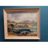 Early 20th C . river scene oil on board mounted in wooden frame {58 cm H x 69 cm W}.