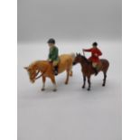 Hand painted Beswick model of Horse and Jockey and painted spelter Horse and Huntsman {14 cm H x