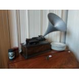 19th. C. Edison Home Phonograph with aluminium horn and two boxed cylinders. { 55cm H X 42cm W X