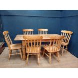 Pine kitchen table with six slat back farmhouse chairs {Table H 77cm x W 182cm x D 75cm Chairs H