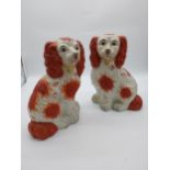Pair of hand painted ceramic Dogs in the Staffordshire style {30 cm H x 24 cm W x 14 cm D}.