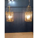 Pair of vintage solid brass and glass circular hall lanterns in the Sheraton style {H 80cm x Dia