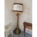 19th. C. Oriental brass standard lamp with cloth shade . { 183cm H X 54cm W }.