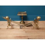 19th C. brass fire irons, dogs and trivet {Dogs 28 cm H x 23 cm W x 18 cm W and trivet 25 cm H x