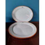 Two first period Belleek meat platters with the Reeve Family Crest {51 cm W x 40 cm D and 46 cm W