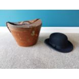 19th C. leather hat box and hat {25 cm H x 36 cm W x 30 cm D}.