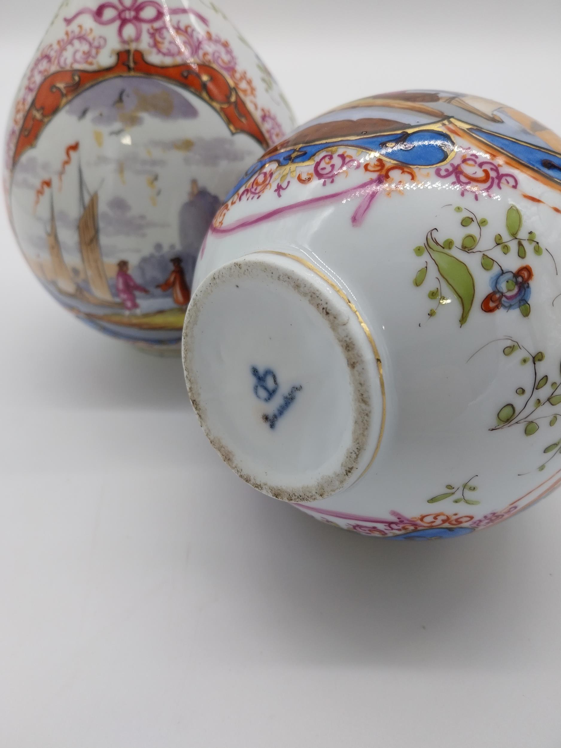 Pair of 19th C. hand painted ceramic Dresden vases depicting Venetian scenes {24 cm H x 11 cm - Image 4 of 4