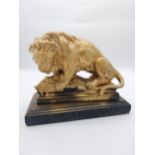 Early 20th C. spelter model of a Lion mounted on slate plinth {26 cm H x 30 cm W x 15 cm D}.