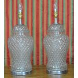 Pair of cut glass and chrome table lamps. {50cm H x 20cm Dia}
