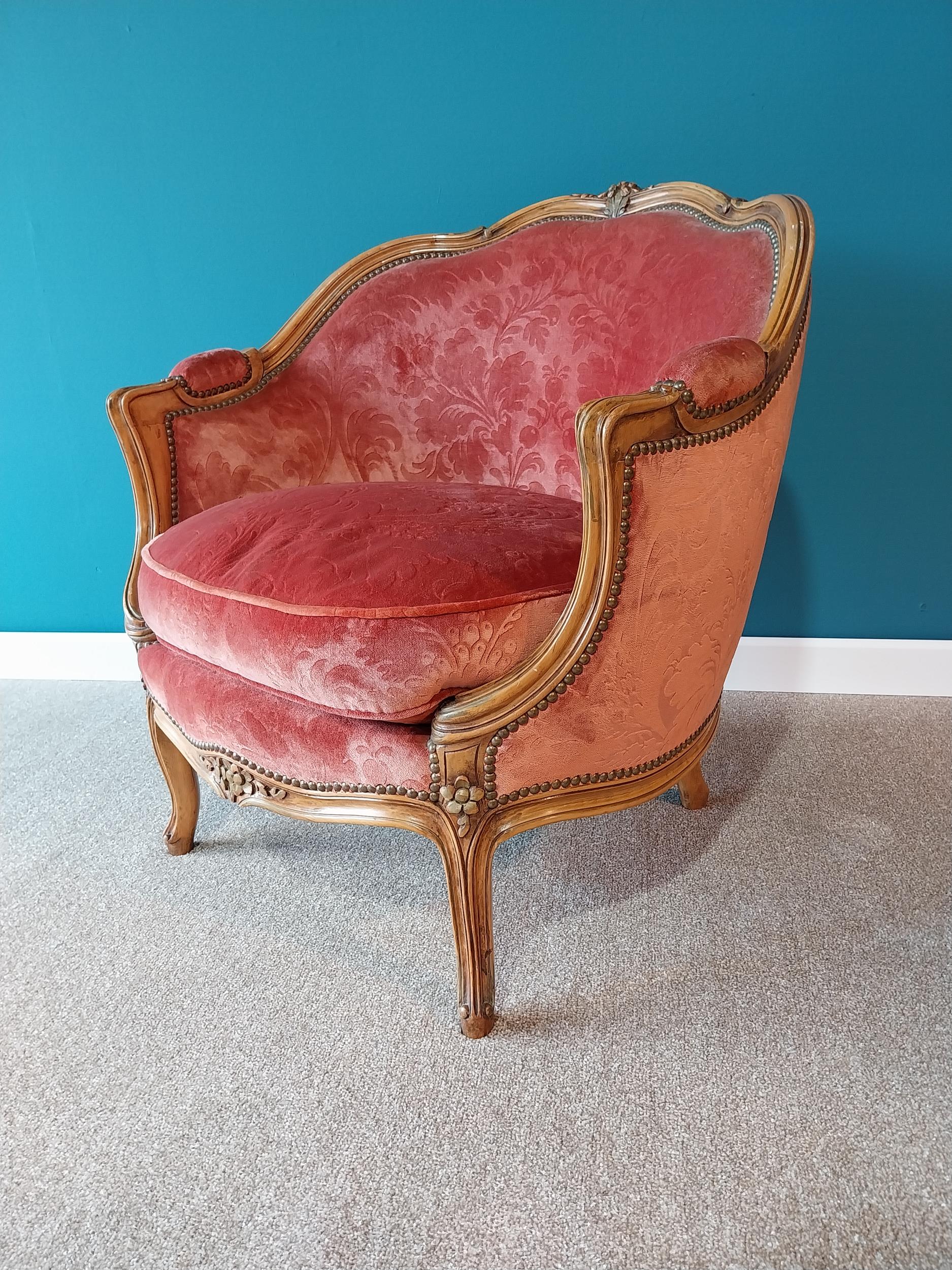 Good quality French Edwardian carved walnut and upholstered armchair raised on cabriole legs {80 - Image 2 of 4