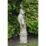 Stone sculpture of elegant young lady on circular column. {160cm H x 40cm Dia.}