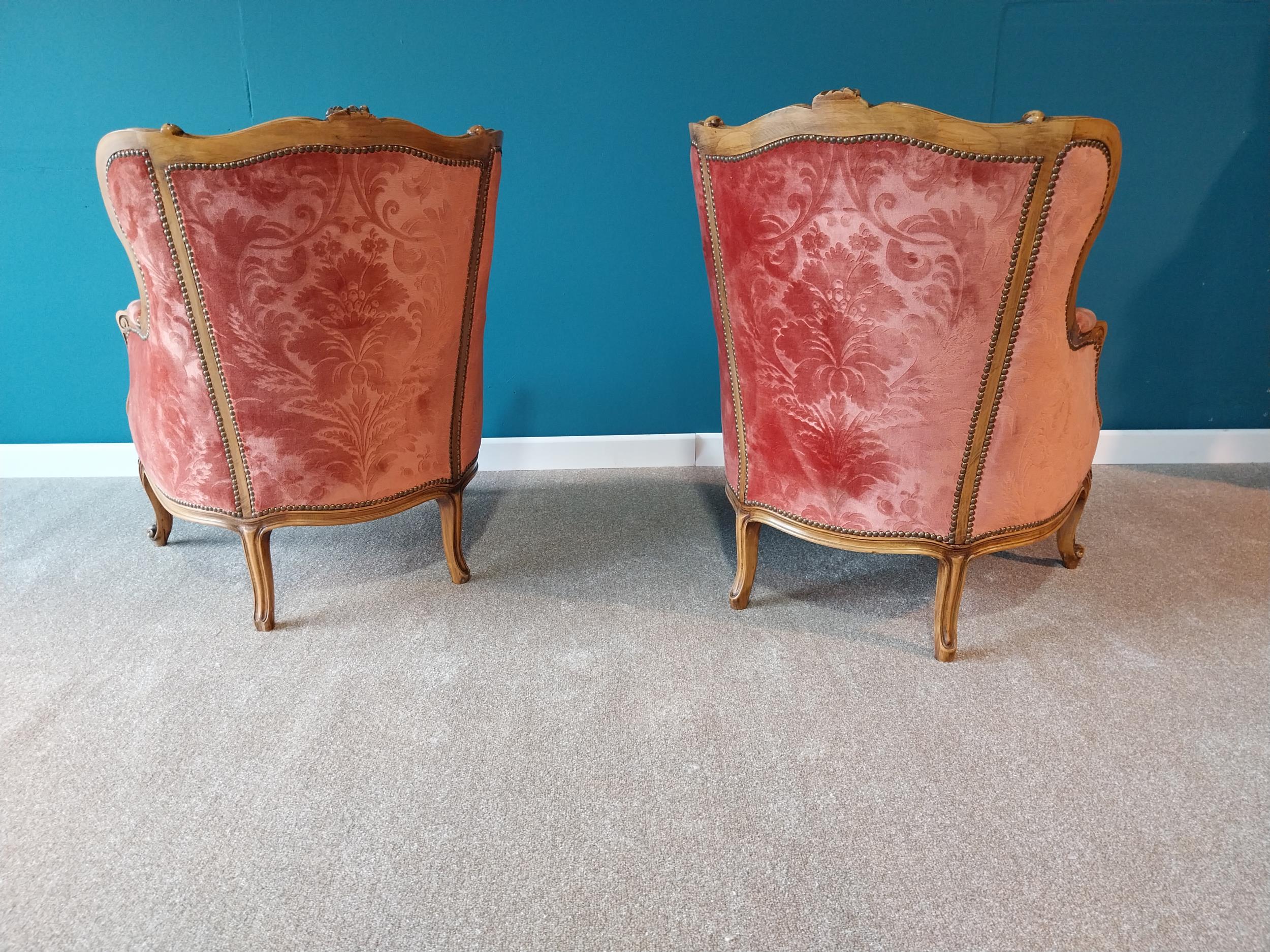 Good quality pair of His and Hers French Edwardian carved walnut and upholstered armchairs raised on - Image 5 of 5