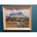 Early 20th C. C Caldwell Mountain scene oil on board mounted in wooden frame {58 cm H x 69 cm W}.