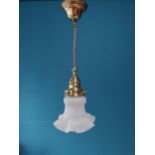 Early 20th C. frosted glass hanging shade with original brass bracket {46cm L x 17cm Dia}