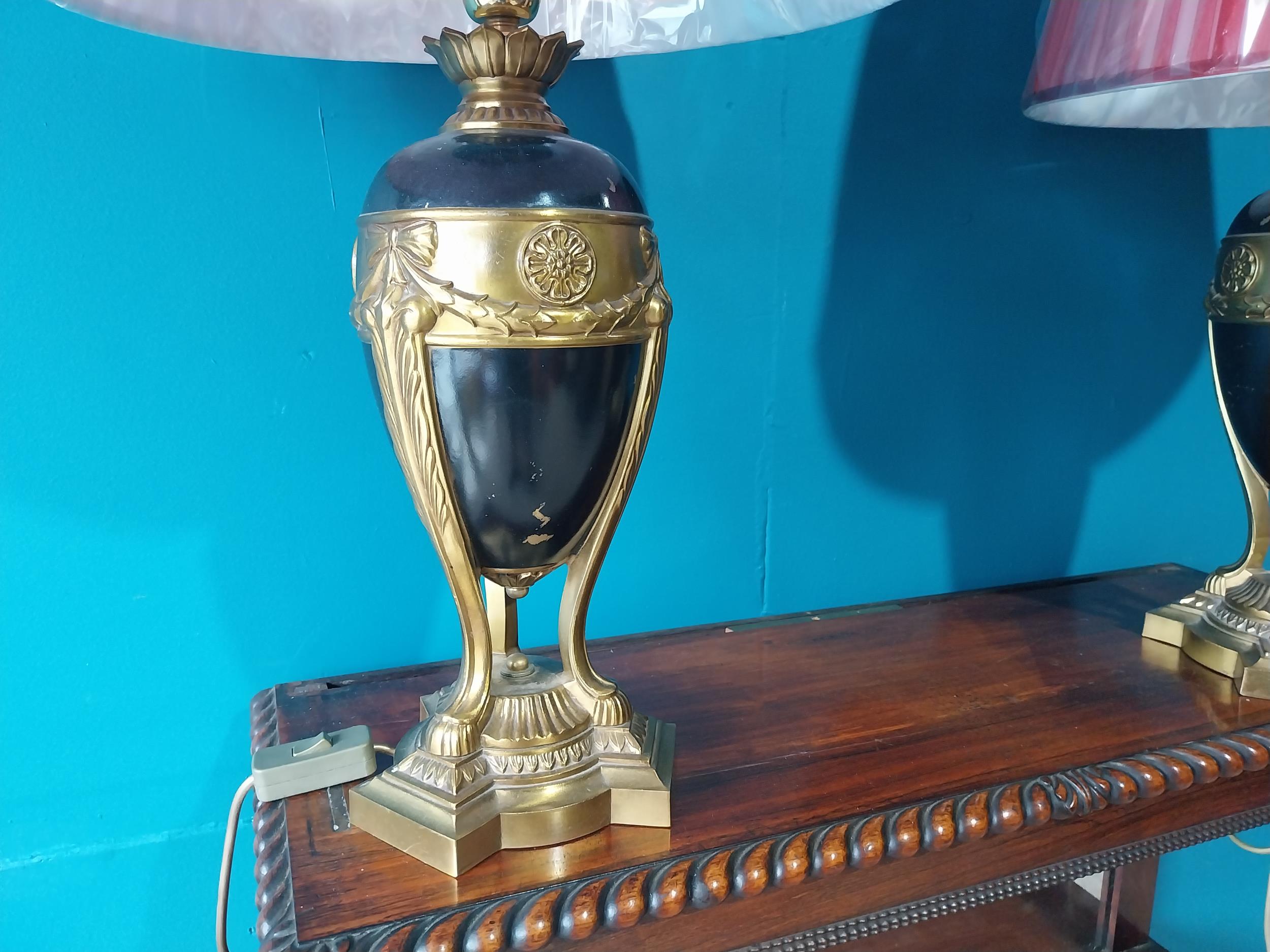 Pair of gilded metal table lamps with cloth shades in the Empire style {67 cm H x 42 cm Dia.}. - Image 2 of 3