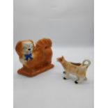 Early 20th C. Staffordshire model of a dog and jug in the form of a cow {20 cm H x 23 cm W x 12 cm D