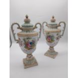 Pair of 19th C. hand painted ceramic Dresden lidded vases depicting Romantic scenes {40 cm H x 23 cm