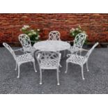 Good quality aluminium garden table and six matching garden chairs {Table 70 cm H x 125 cm Dia and
