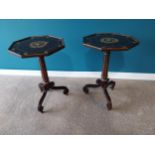 Pair of hand painted wooden wine tables raised on reeded column and three outswept feet in the