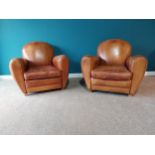 Pair of good quality 1940s French tanned hand dyed leather club chairs {82 cm H x 93 cm W x 90 cm