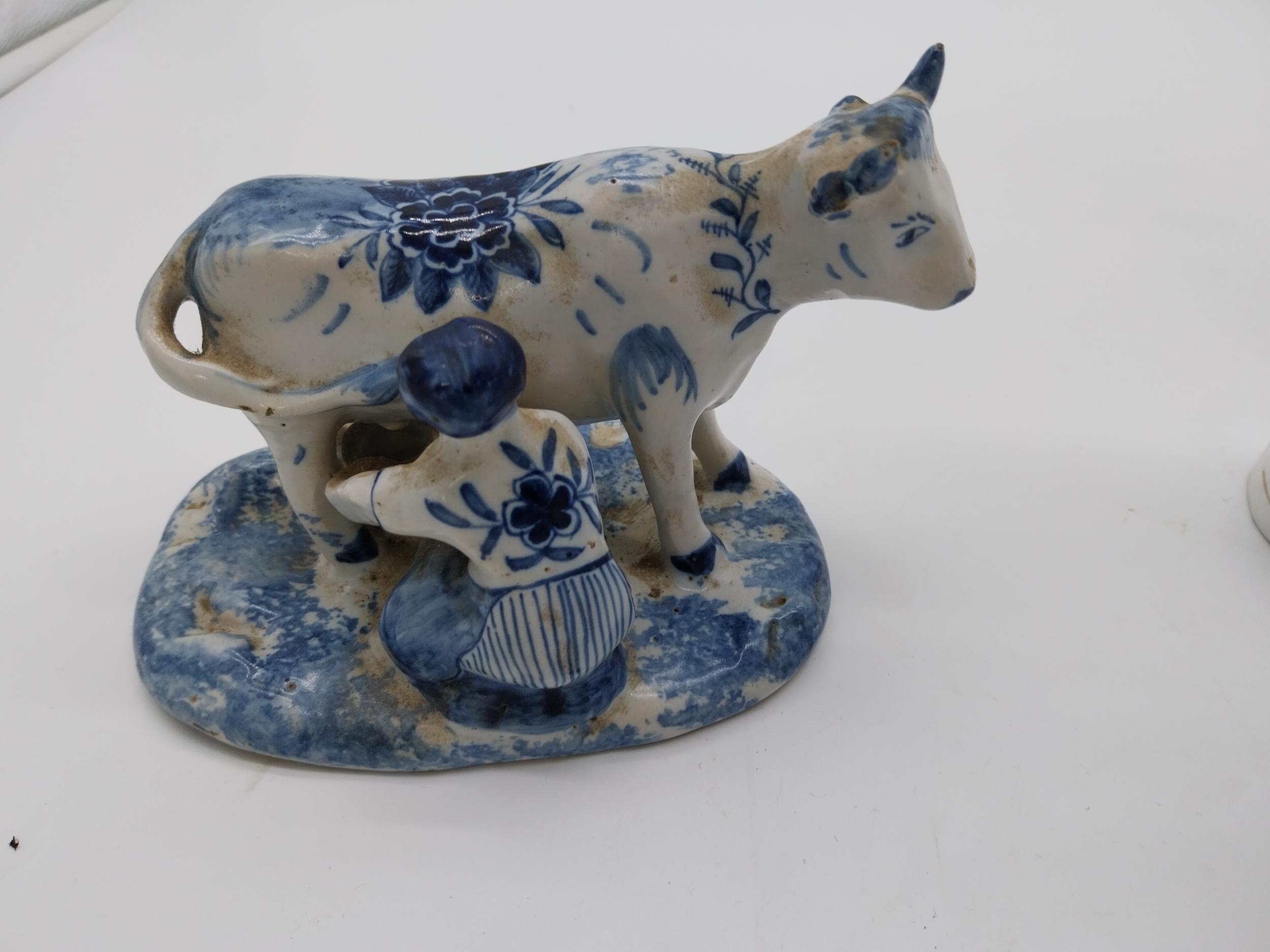 Staffordshire figure of Greyhound {20 cm H x 18 cm W}, Dutch blue and white cow and milk maid and - Image 3 of 6