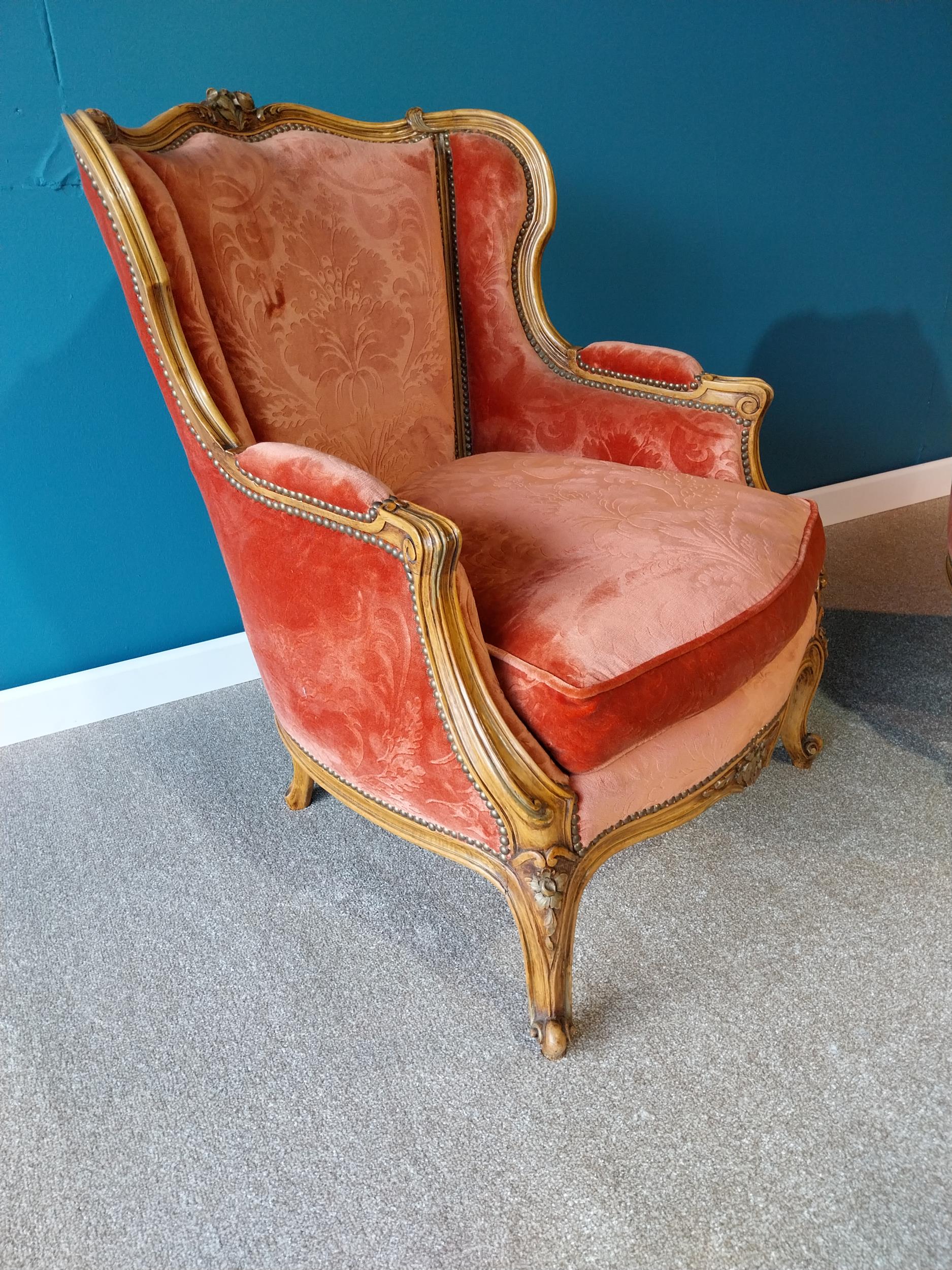 Good quality pair of His and Hers French Edwardian carved walnut and upholstered armchairs raised on - Image 3 of 5