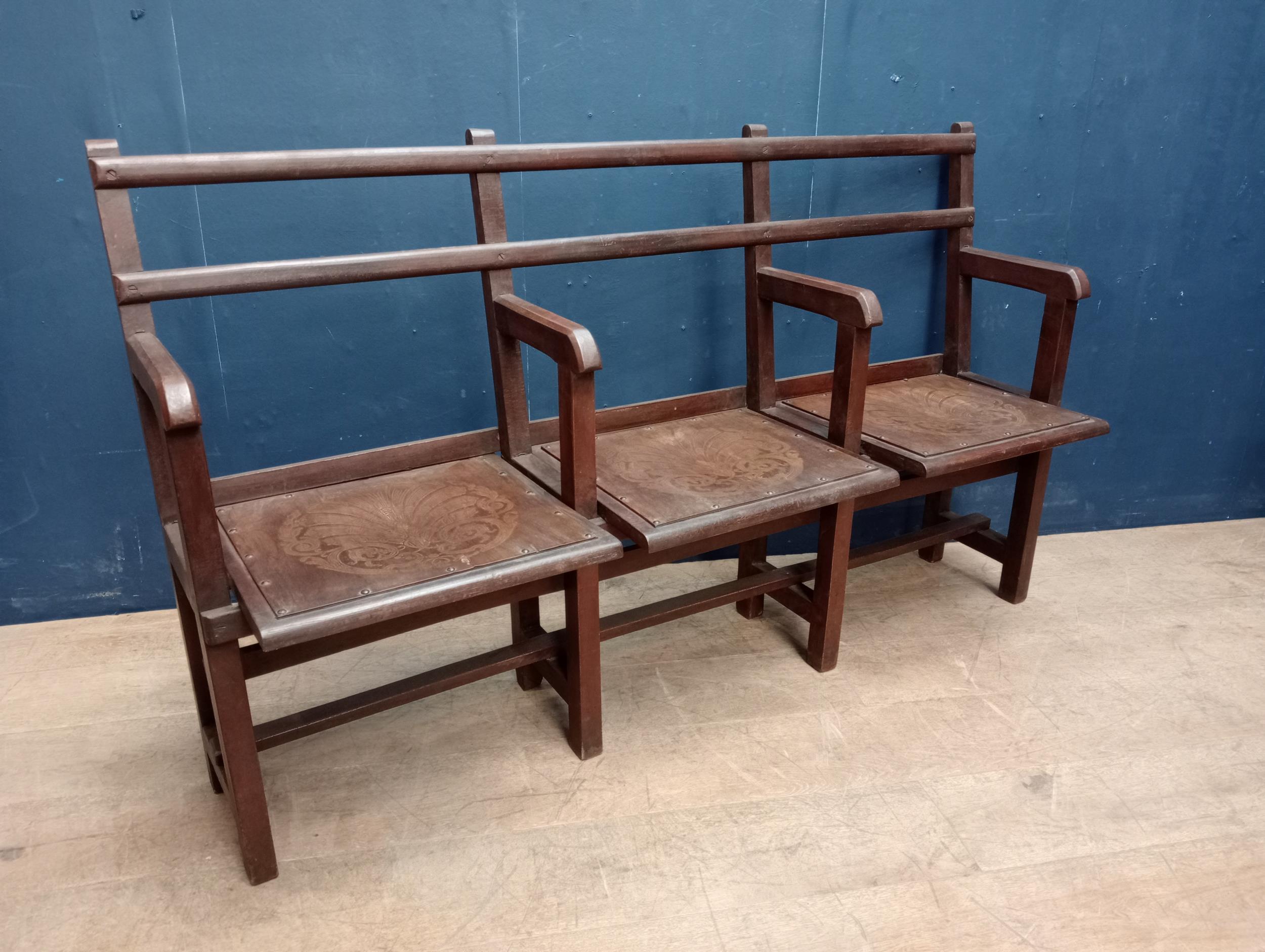 Three seater bench with motif seat {H 91cm x W 152cm x D 41cm }